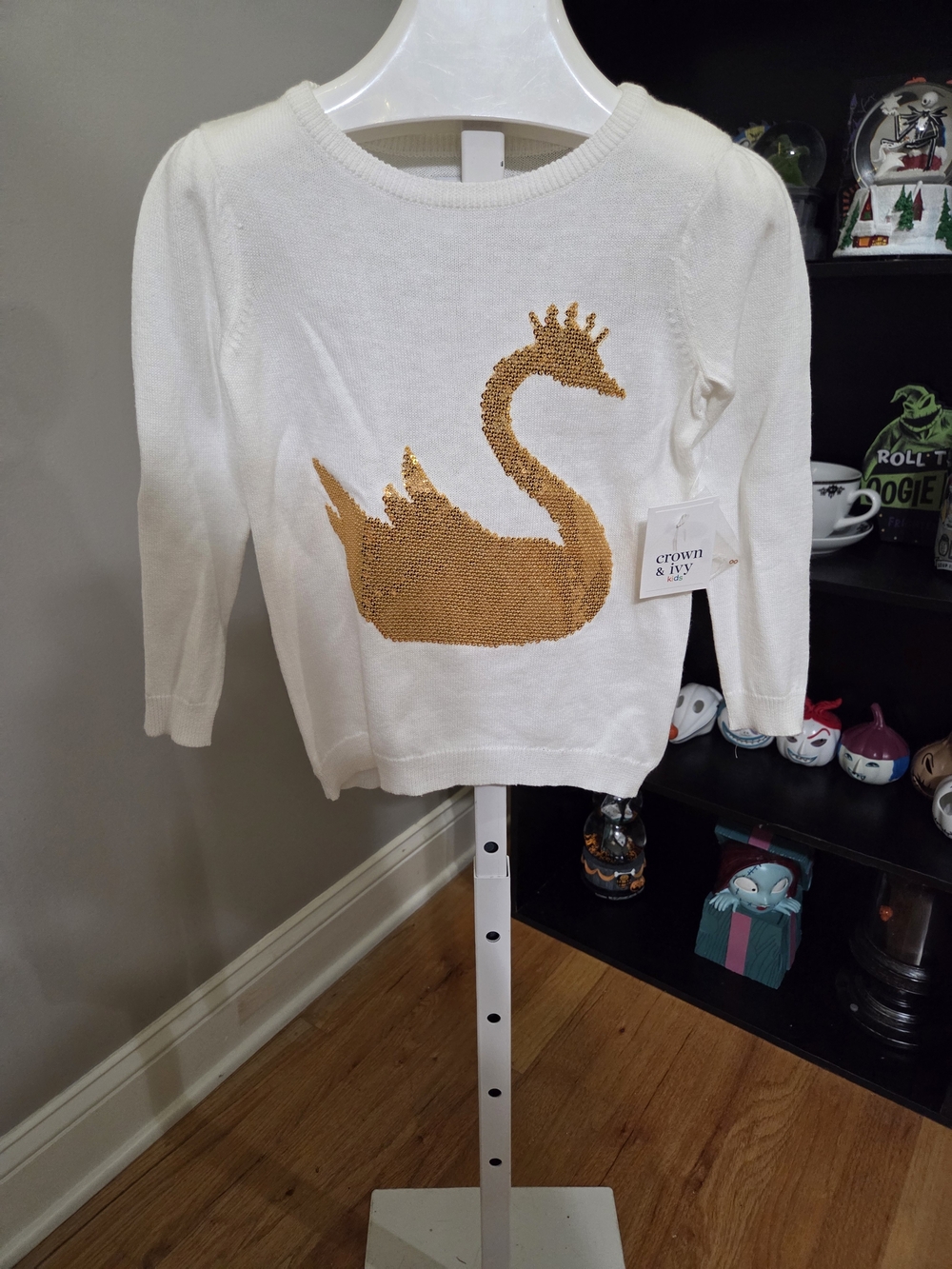 crown & ivy White Sweater with Gold Sequin Swan